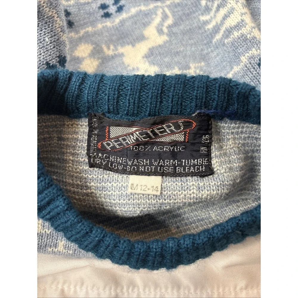 Vtg Perimeter Sweater Youth Medium 12-14‎ Reindeer Holiday Crew Neck Blue White